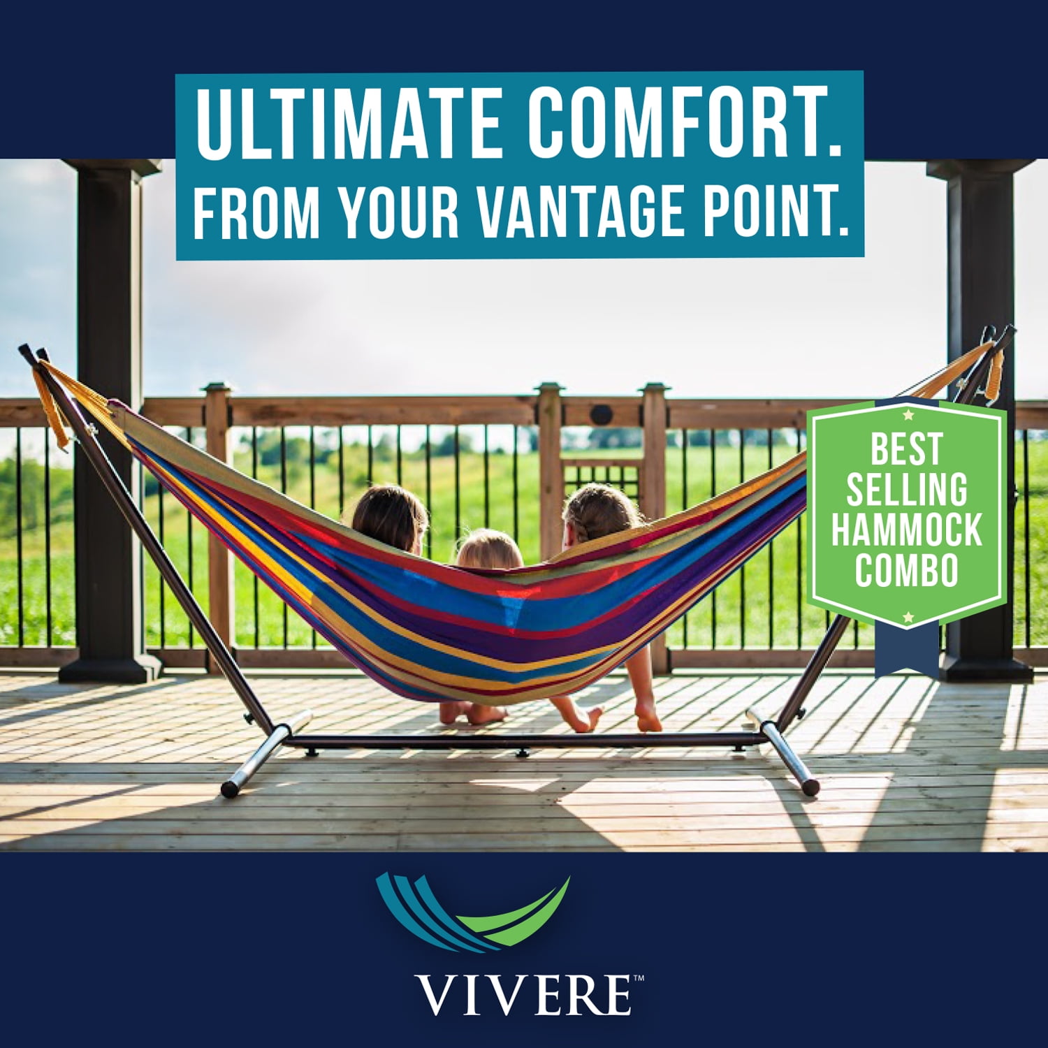 Vivere Double 2-Person Cotton Hammock with Stand and Carry Bag, Denim