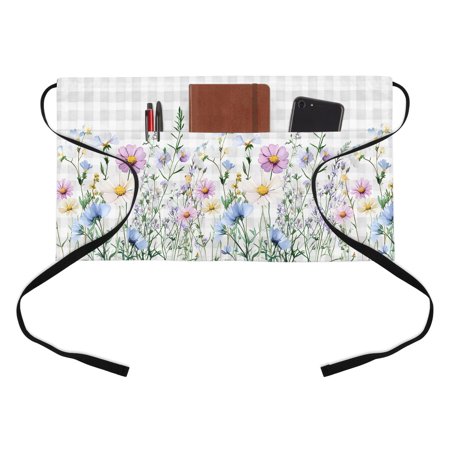 Color Floral Kitchen Restaurant Half Waist Apron Watercolor Wildflowers Leaf Herbs Grey Plaid Server Short Apron with 3 Pockets Waterproof Oil Waist Aprons for Women Waitress Waiter