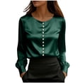 thumbnail image 3 of VBVC Women's Satin Long Sleeve Blouse,Ladies Crew Neck Pearl Trim Work Shirt,Elegant Silk-Like Office Top for Women,Army Green,S-2XL, 3 of 6