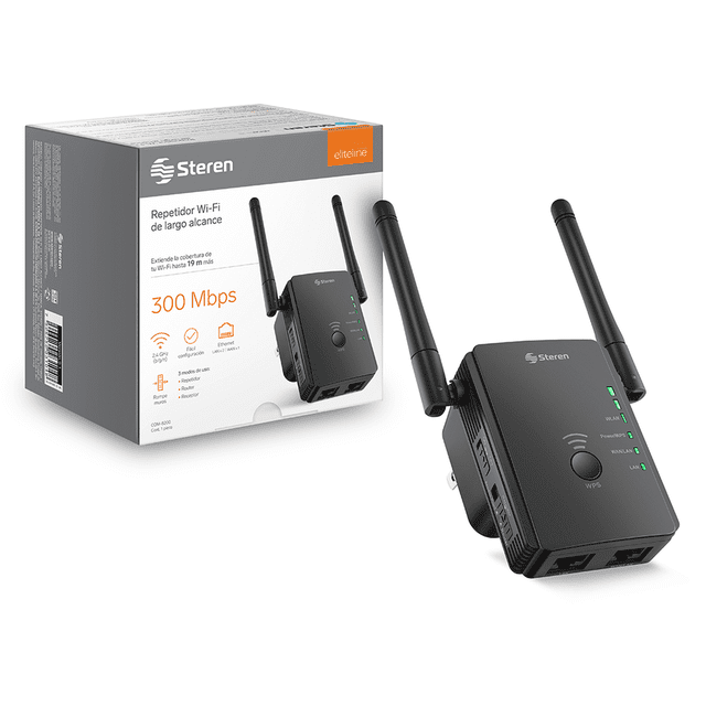 repetidor wi-fi steren 2,4 ghz com-8200 hasta 25 m de cobertura Repetidor Wi‑Fi Steren negro, vista 3/4 frontal con dos antenas externas, botón de encendido y WPS, indicadores LED verdes, puerto Ethernet RJ45 y clavija de enchufe integrada; caja y cable de red en el fondo. Configuración por celular o PC y también adecuado para conectar Smart TV por cable.
