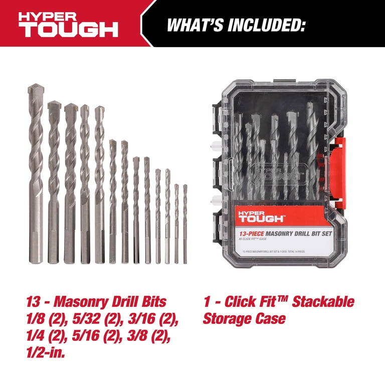 Hyper Tough Masonry Bit Set 13-Piece with Click Fit Case for Brick