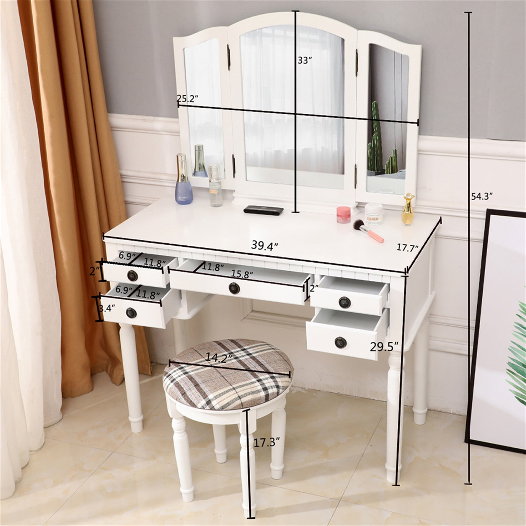 Kadyn Vanity Table and Chair Set, Vanity Set with Mirror and Stool with 3 Drawer, White
