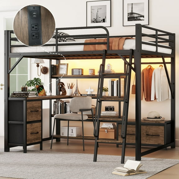 Newest Queen Loft Bed with Desk & Storage, Black Metal Loft Bed with Wardrobe, Drawers, LED Lights & Outlets for Teens