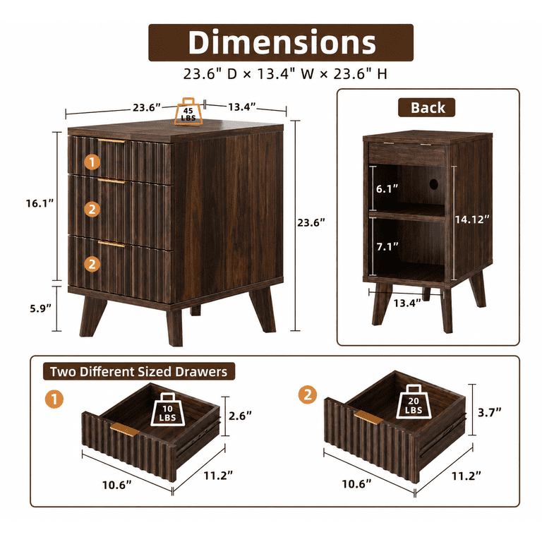 Biemlerfn 3-Drawer Side Table with Charging Station, Brown photo 3