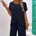 thumbnail image 2 of WTOBBY Women's Asymmetrical Casual Two-Piece Set, Loose Short Sleeve Round Neck Top & Irregular Hem Pants, Unique Street Style,Dark Blue L, 2 of 5
