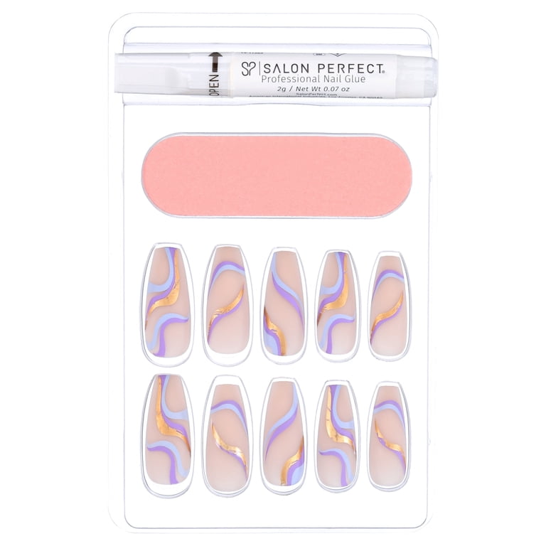 Salon Perfect Press On Nails, Liquid Gold Purple Swirl, Long Coffin photo 3