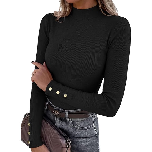 PRETTYGARDEN Women's Ribbed Mock Neck Long Sleeve Tops | Slim Fitted T-Shirts, Soft Stretch, Decorative Buttons, Going Out Work Casual Wear, Fall Outfits Layering Winter Clothes