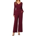 thumbnail image 2 of Conjuntos Casual de 2 Piezas INSPIRE CHIC para Mujeres, Manga Larga, Cuello en V, Cintura Elástica con Cordón, Pantalones Anchos, S Burdeos, 2 of 6