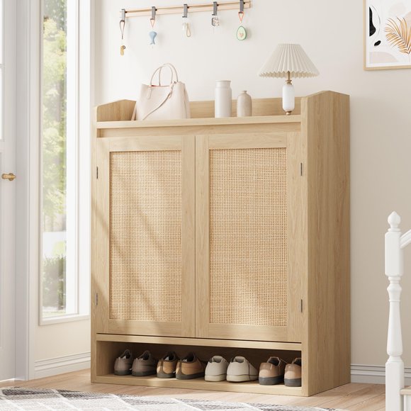 Rattan Shoes Cabinet with 2 Doors, Boho Shoe Storage Cabinet for Entryway, Farmhouse Wooden Shoe Organizer with Adjustable Shelves for Front Door Entrance Hallway
