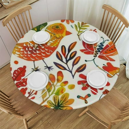 

Qlo0ole Round Table Cover Elastic Tablecloth Flowers Birds Branch Cartoon Daisy Leaf Butterfly Beetle Suitable for Dining Table and Card Table 54-58