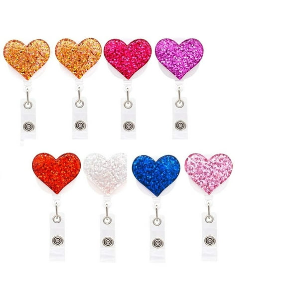 Paquete de 8 carretes de insignia retráctiles con corazón brillante, portatarjetas de identificación con clip de cocodrilo, ligero, cable retráctil fácil de 24" Namotu WRLF-681
