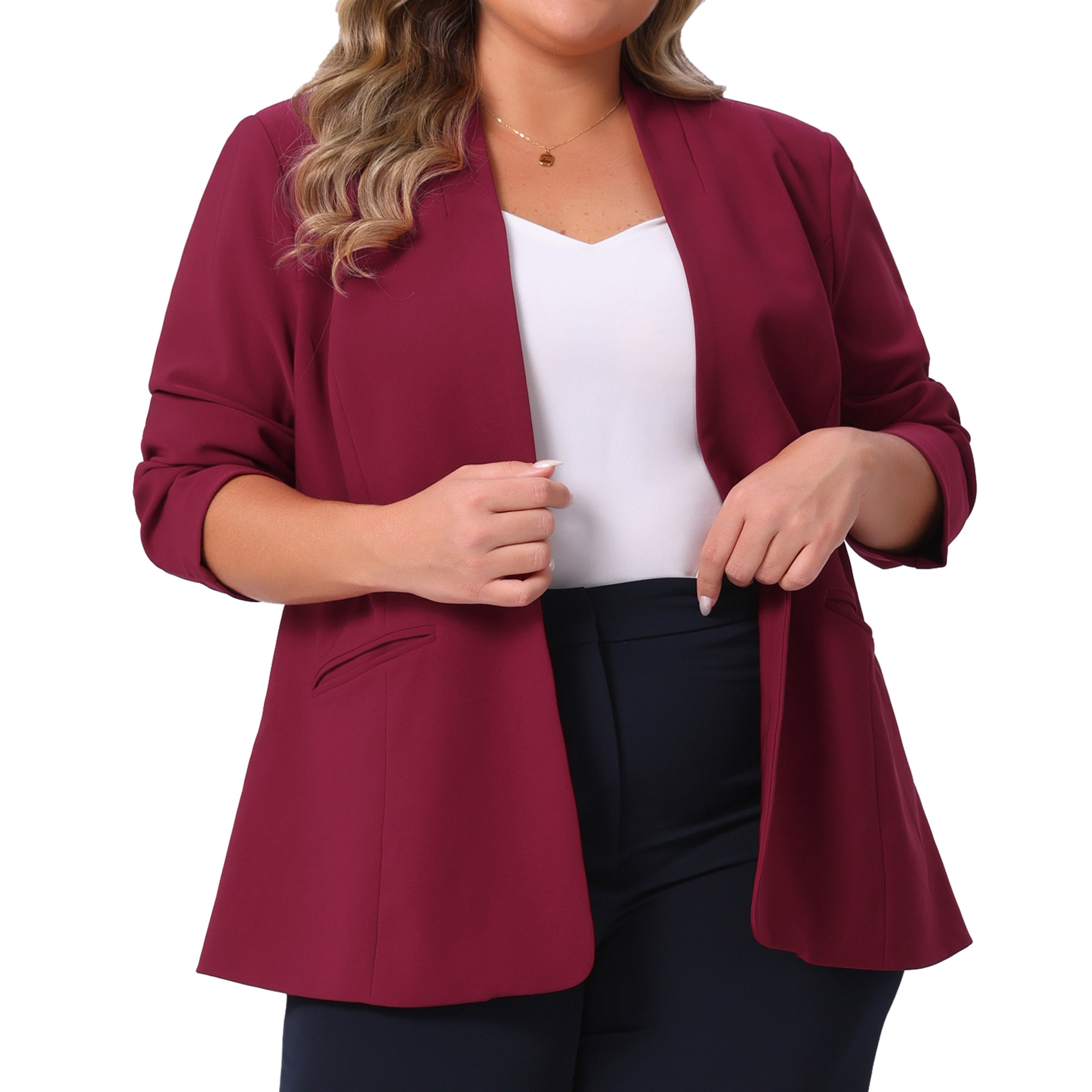 DARING DIVA Women's Plus Blazer Business Open Front Work Office Jacket 1X Burgundy