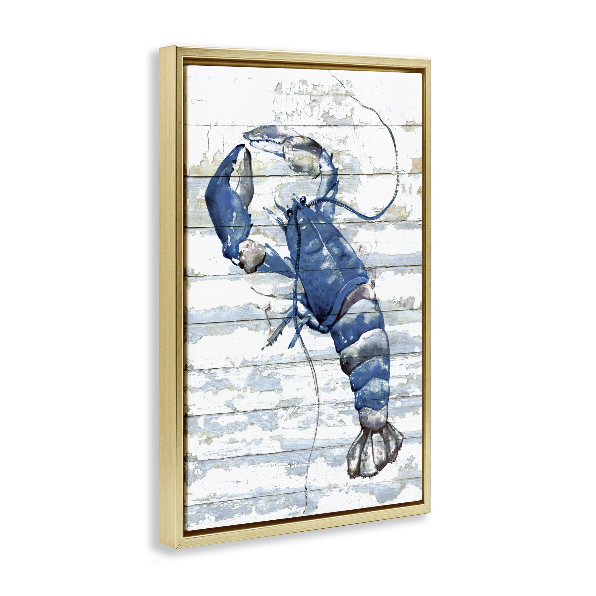 Stupell Industries Blue Lobster on Distressed Animals Painting Gold Floater Framed Canvas Art Print Wall Art, 21 x 31