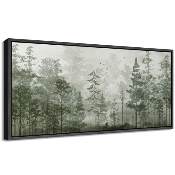 Large Framed Canvas Print Minimalist Green Pine Tree Landscape with FogWall Art Decorative Ready to Hang Painting for Living room Bedroom 60x30 inches Black Frame