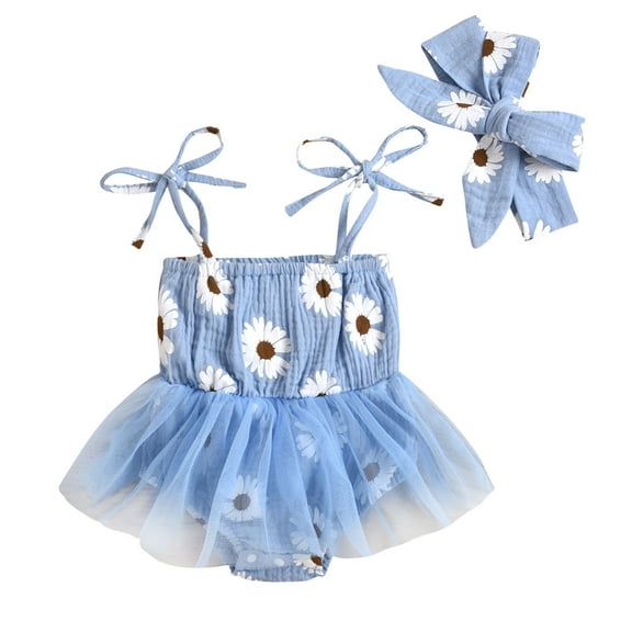 Curuila Newborn Baby Girls Romper Sleeveless Flower Print Mesh Square Neck Bodysuit With Headbands Fashionable Soft Jumpsuit Blue Size 12-18 Months