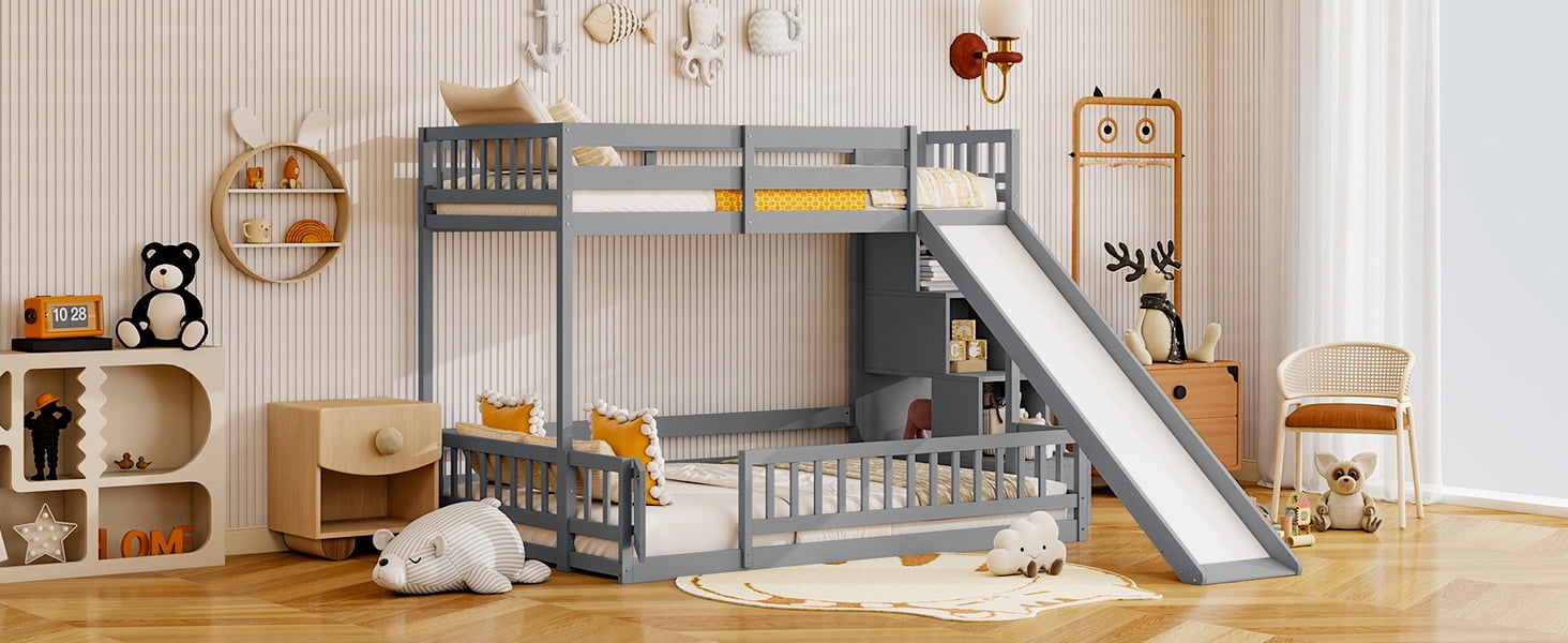 Mintazer Twin Over Full Bunk Bed with Slide & Storage Staircase, Kids Floor Bunk Bed with Guardrails, Gray