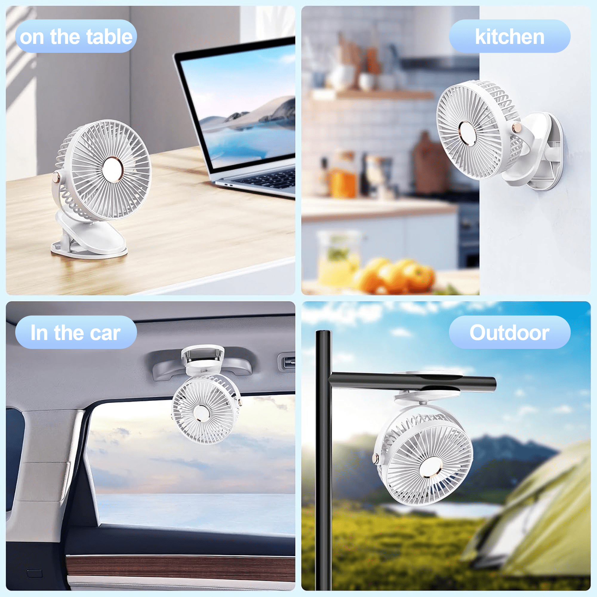 Portable Fan, Portable Clip on Fan, USB Rechargeable Desk Fan, 5 Speed, 720 adjustment, Strong Airflow, 6 inch Mini Personal Cooling for Desk Home Office Outdoor Travel Camping, White