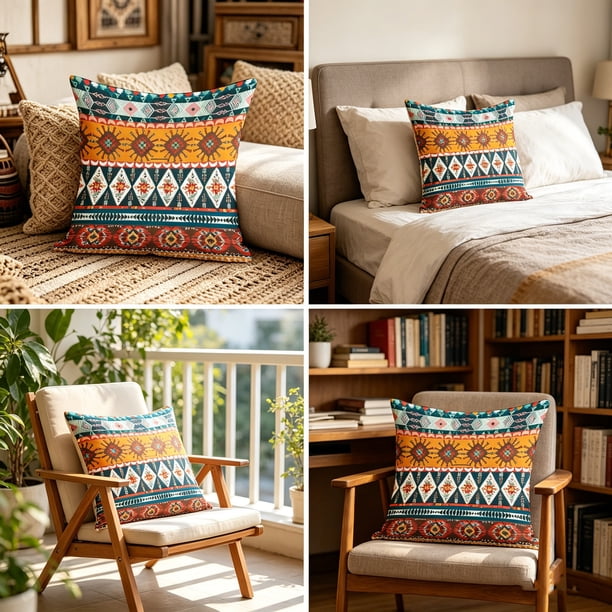Funda de cojín estilo étnico bohemio con motivos tribales geométricos, tela suave, decoración para interiores y exteriores, 45x45 cm.