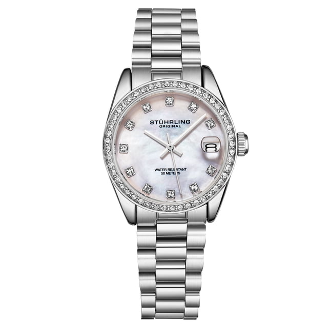 Reloj de cuarzo Stuhrling Original mujer Caja plateada bisel con tachuelas de cristal esfera MOP manecillas plateadas