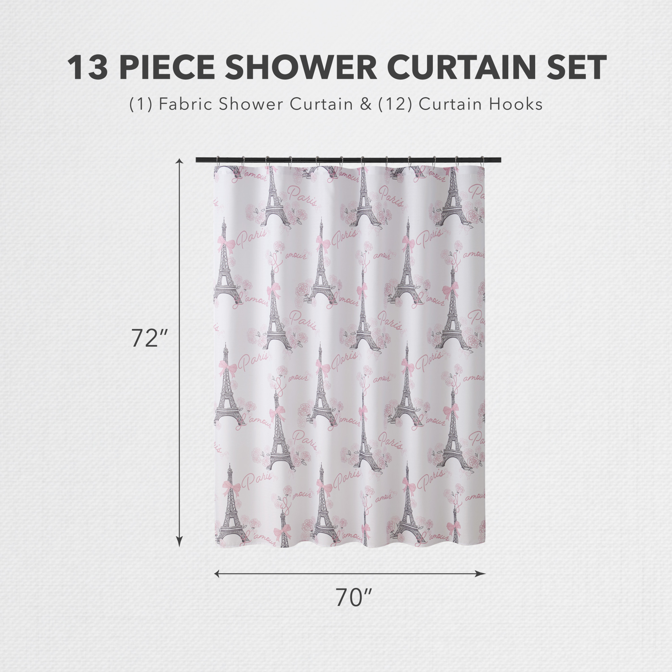 CHI Eiffel Tower Roses and Bows Shower Curtain and Hooks Modern Washable 70" W x 72" L 13-Piece Set