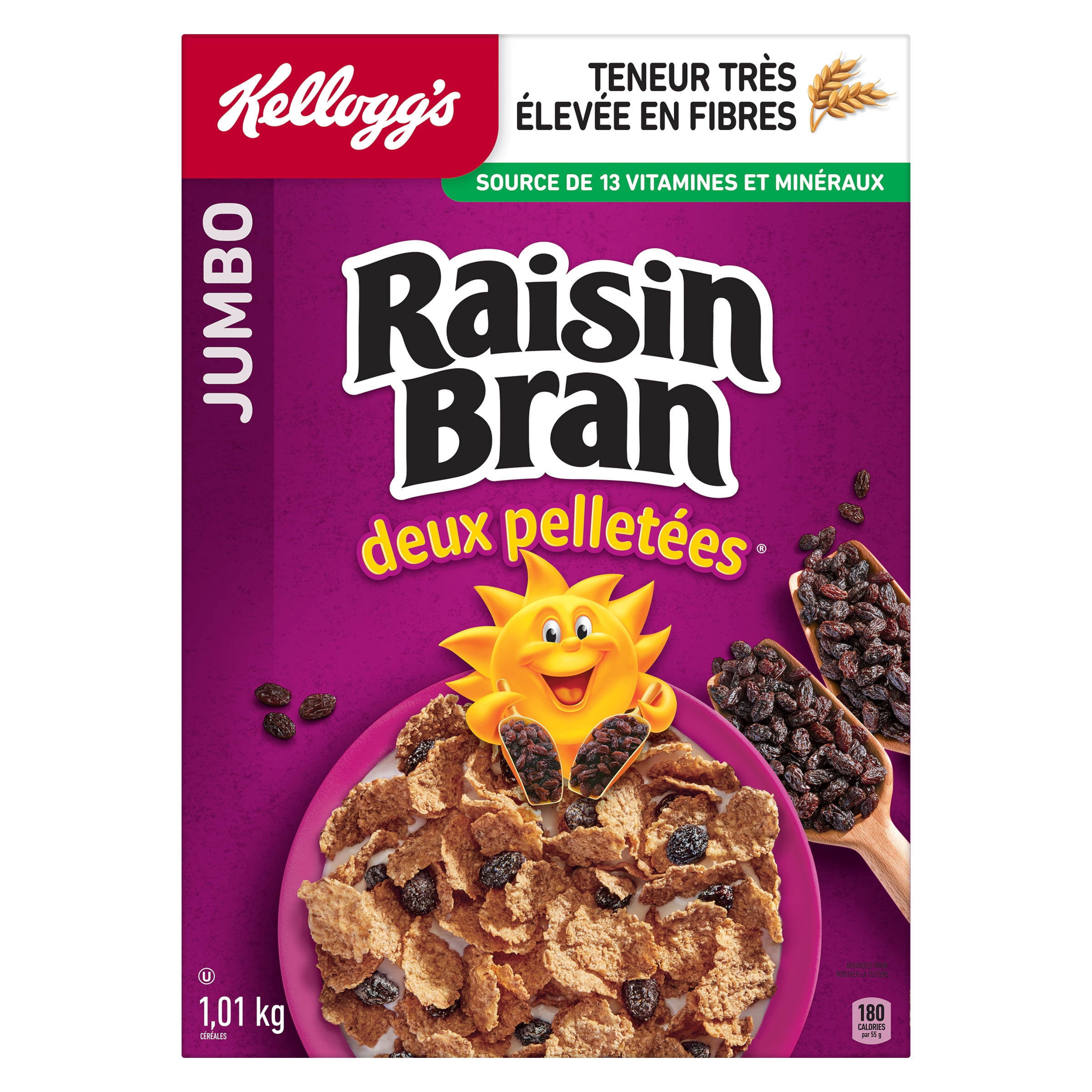 Kellogg's* Two Scoops* Raisin Bran Cereal Jumbo, 1.15 kg, Kellogg's* Two Scoops* Raisin Bran cereal is a delicious combination of crispy bran flakes & sweet sun-ripened raisins.