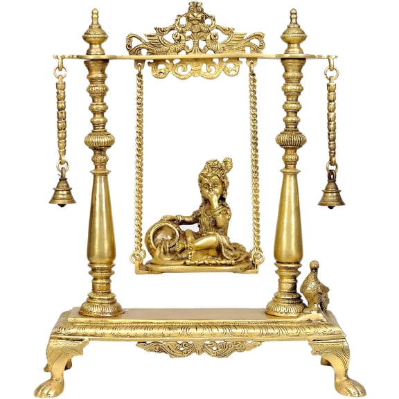 16" Butter Krishna on Swing Brass Statue | Playful Divine | Handmade Hindu Sculpture