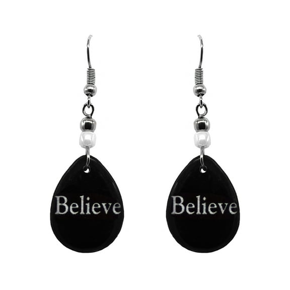 Inspirational Text Graphic Teardrop Black White Dangle Earrings - Womens Fashion Handmade Jewelry Motivational Accessories