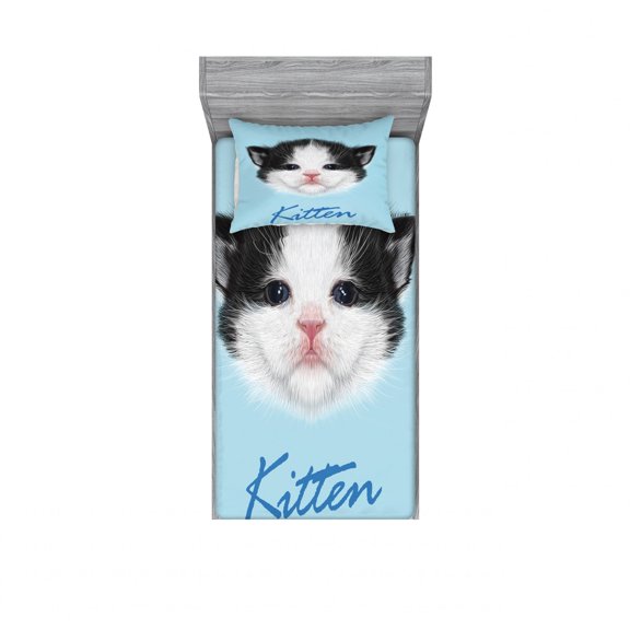 Ambesonne Cartoon Fitted Sheet & Pillow Sham Set, Furry Pink Nose Kitten, Twinxl, Black White Blue