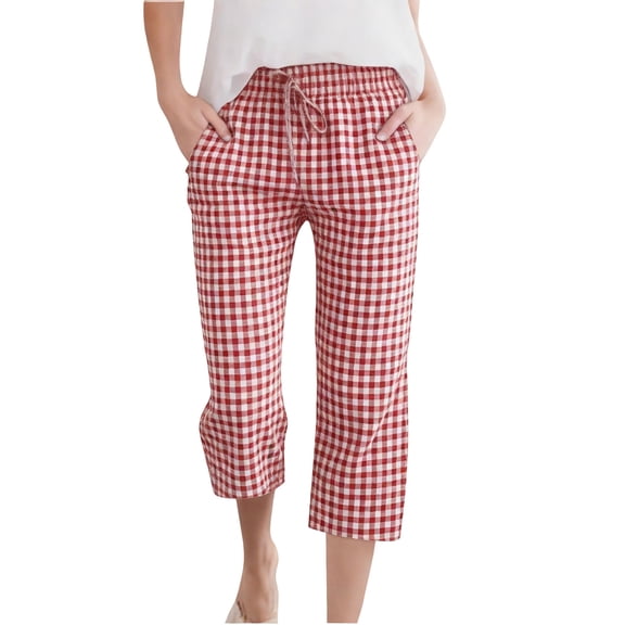 UQJfacai Girls Gingham Pants Linen Summer Casual Capri Pant Drawstring High Waist Lounge Wide Leg Cropped Trouser Pockets 4-14 Years