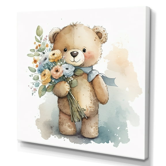 Designart Teddy Bear Love Holding Flowers II Canvas Wall Art