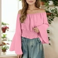 thumbnail image 2 of FINALGANG Girls Solid Color Off Shoulder Blouse Kids Flared Bell Sleeves Smocked Elastic Waistband Lightweight Casual Top For Streetwear Daily Wear Red 7Years, 2 of 4