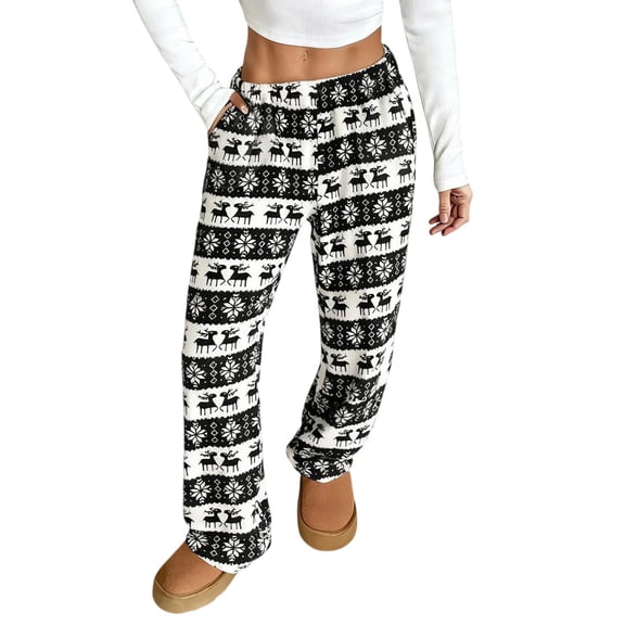 Flannel Christmas Pj Pants Women Fluffy Fuzzy Wide Leg Homewear Pjs Comfy Plush Warm Pajama Bottoms
