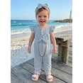 thumbnail image 4 of BemeyourBBs Newborn Baby Girl Spring Summer Fall Clothes Infant Baby Girl Waffled Romper One Piece Outfit Ruffled Flying Short Sleeve Front Bow Stripes Jumpsuit with Headband, 4 of 9