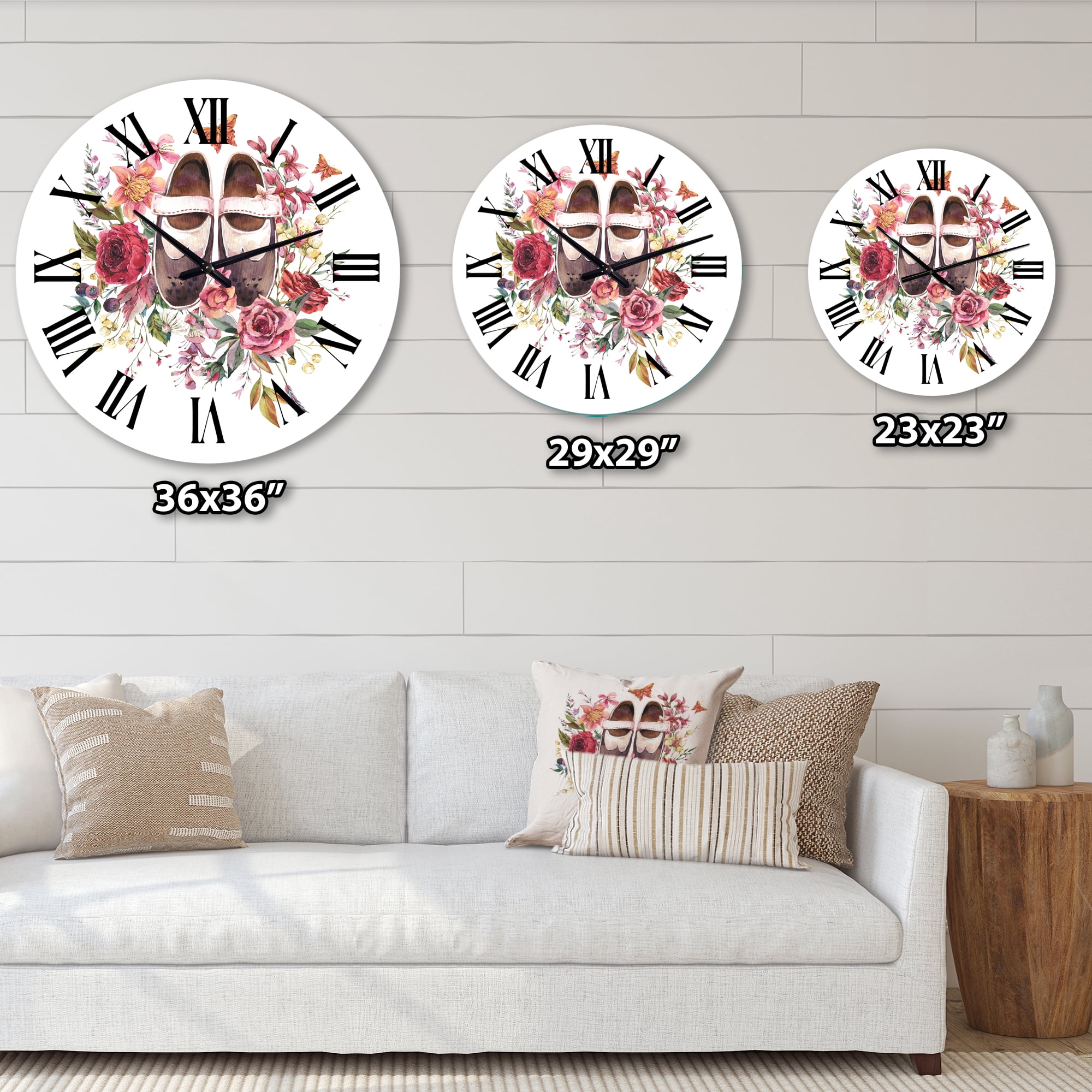 Designart 'Vintage Oxford Shoes With Wildflowers' Farmhouse Wall Clock
