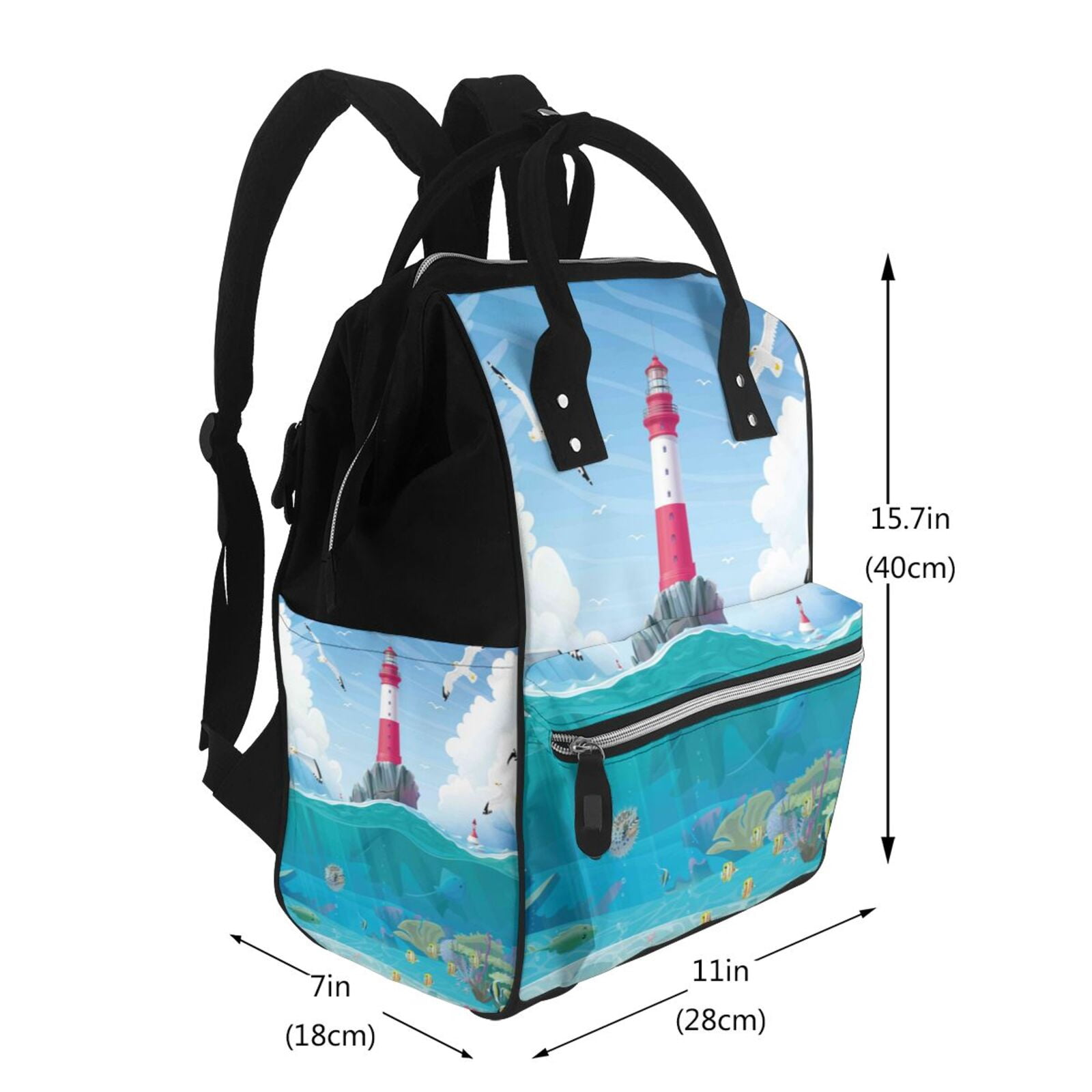 Ratiio Lighthouse Sea Port Mummy Backpack - Waterproof Twill Canvas, Large Capacity Diaper Bag with Multiple Pockets and Adjustable Straps