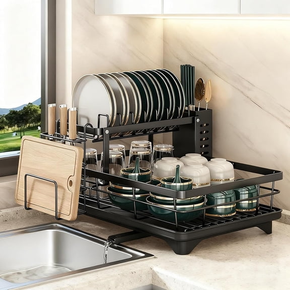 XMZHOU Dish Drying Racks for Kitchen Counter Carbon Steel Space-Saving 2 Tiers Bowl and Plate Storage Rack Kitchenware Countertop Organizer, Black