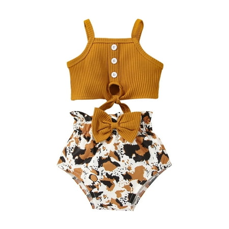 

Gureui Toddler Infant Baby Girls 2PCS Summer Outfits Sleeveless Knot Front Ribbed Knit Tops + Shorts Set