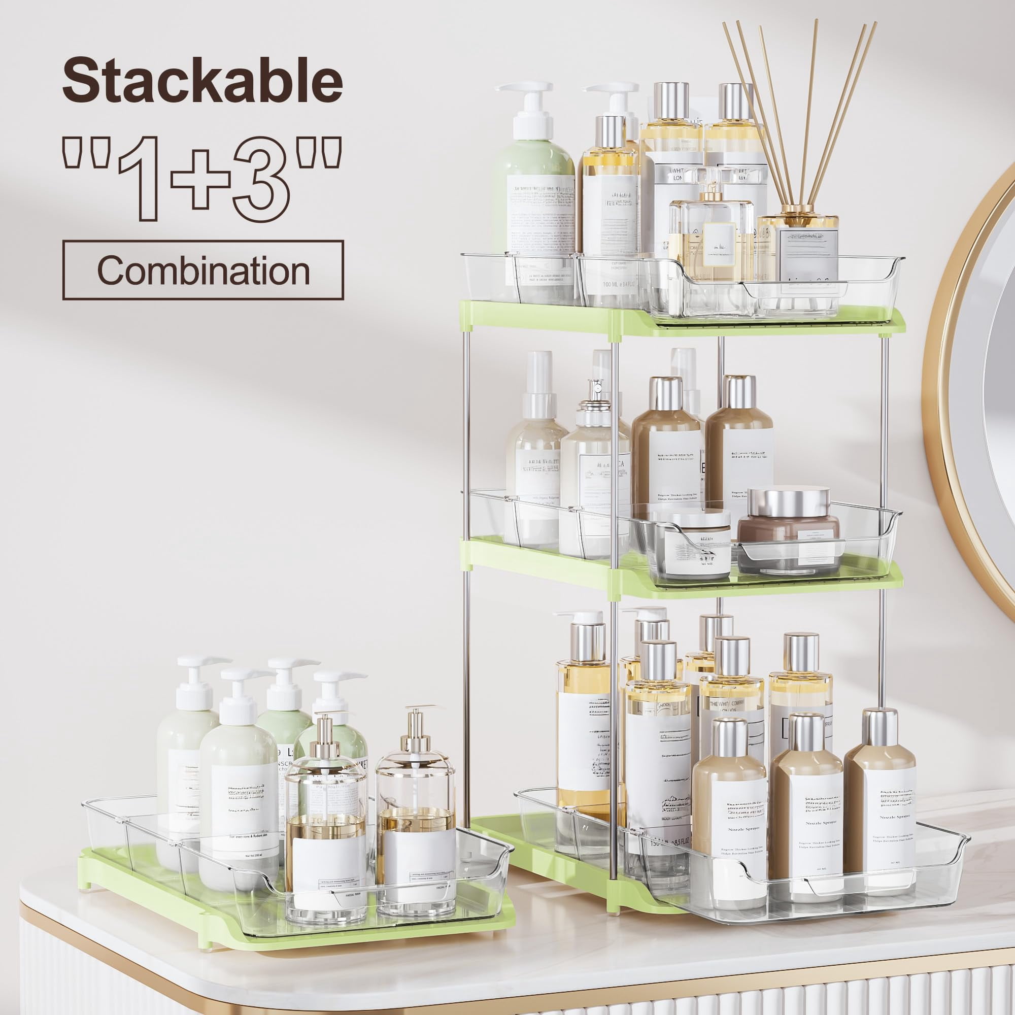 2-tier Multi-purpose Bathroom Under Sink Organizers And Storage  Stackable Kitchen Pantry Organization Pull Out Cabinet Organizer With Movable Dividers Green 2 Pack