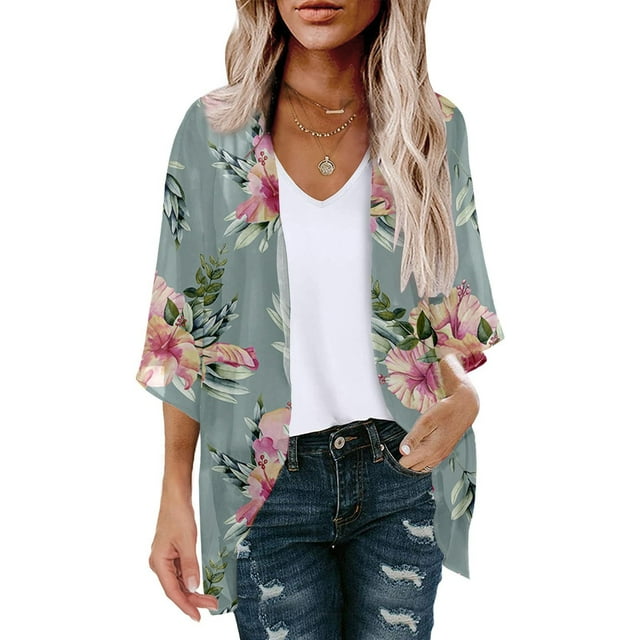 Cardigans d'Été pour Femmes Imprimé Floral d'Été Manches Bouffantes Cardigan Ample Blouse Décontractée Tops Tendance d'Été Cardigan Léger en Liquidation