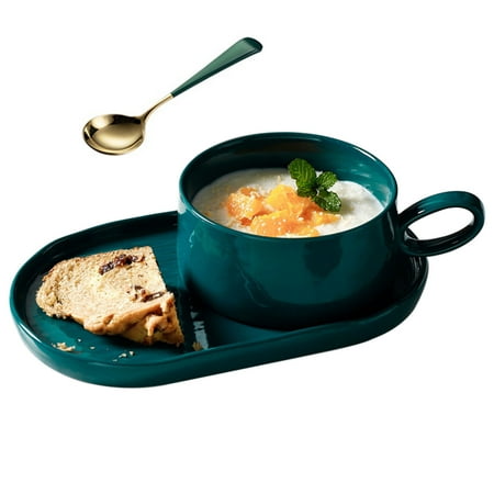 

14 Oz Soup Bowls Soup Mug With Handles Ceramic Breakfast Plates Set For Breakfast Sandwich Soup Coffee Cereal Serving Bowls-Dark green-With spoon