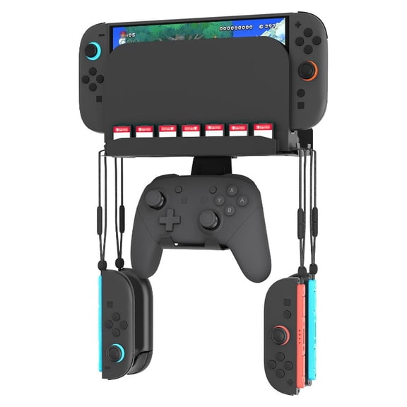 Wall Mount for Switch 2, Near/Behind TV Organizer Shelf Base for Switch 2 Console, Card Slots, Joy-con Hanger, Pro Controller, Space-Saving Wall Mount Stand with Cooling Vent Design, Black