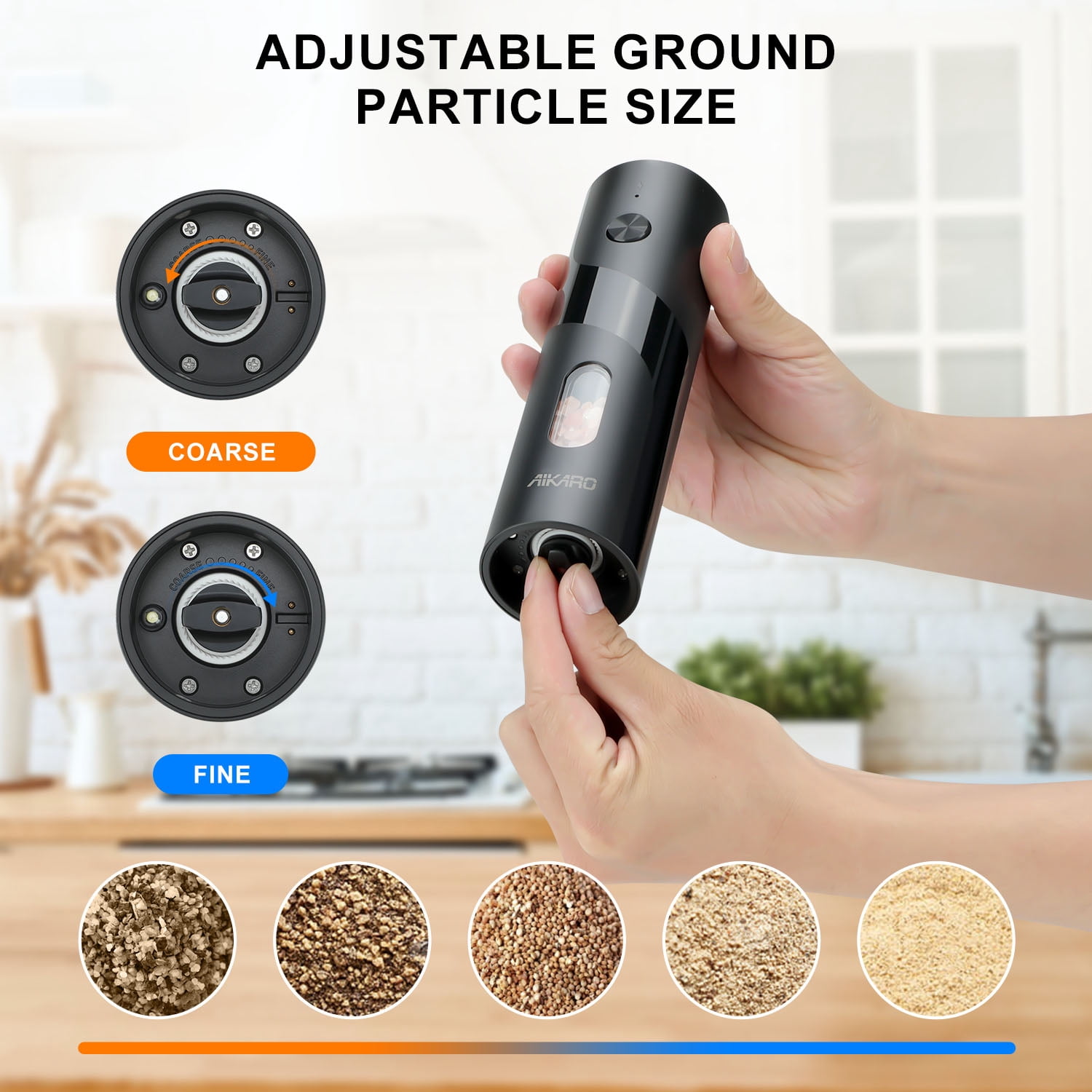 AIKARO - Electric Salt and Pepper Mill Automatic Spice Grinder, Rechargeable (Set)