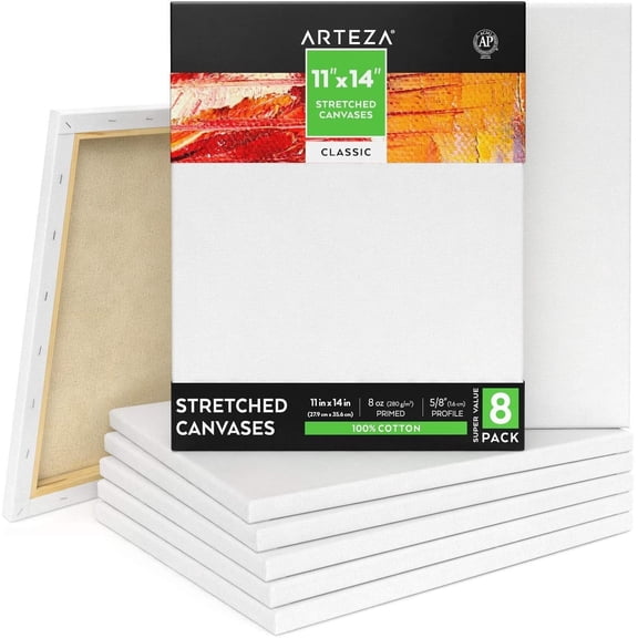 Arteza Stretched Canvas Pack, 11" x 14", Blank Canvas Boards for Painting, 8 Pack