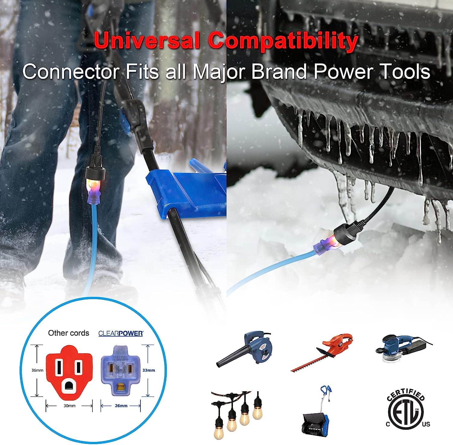 Clear Power 100 ft Extreme Cold Weather Outdoor Extension Cord, Lighted End, 16/3 SJTW, Works Down to -50°C, Power Indicator Light, 3-Prong Grounded Plug, Blue