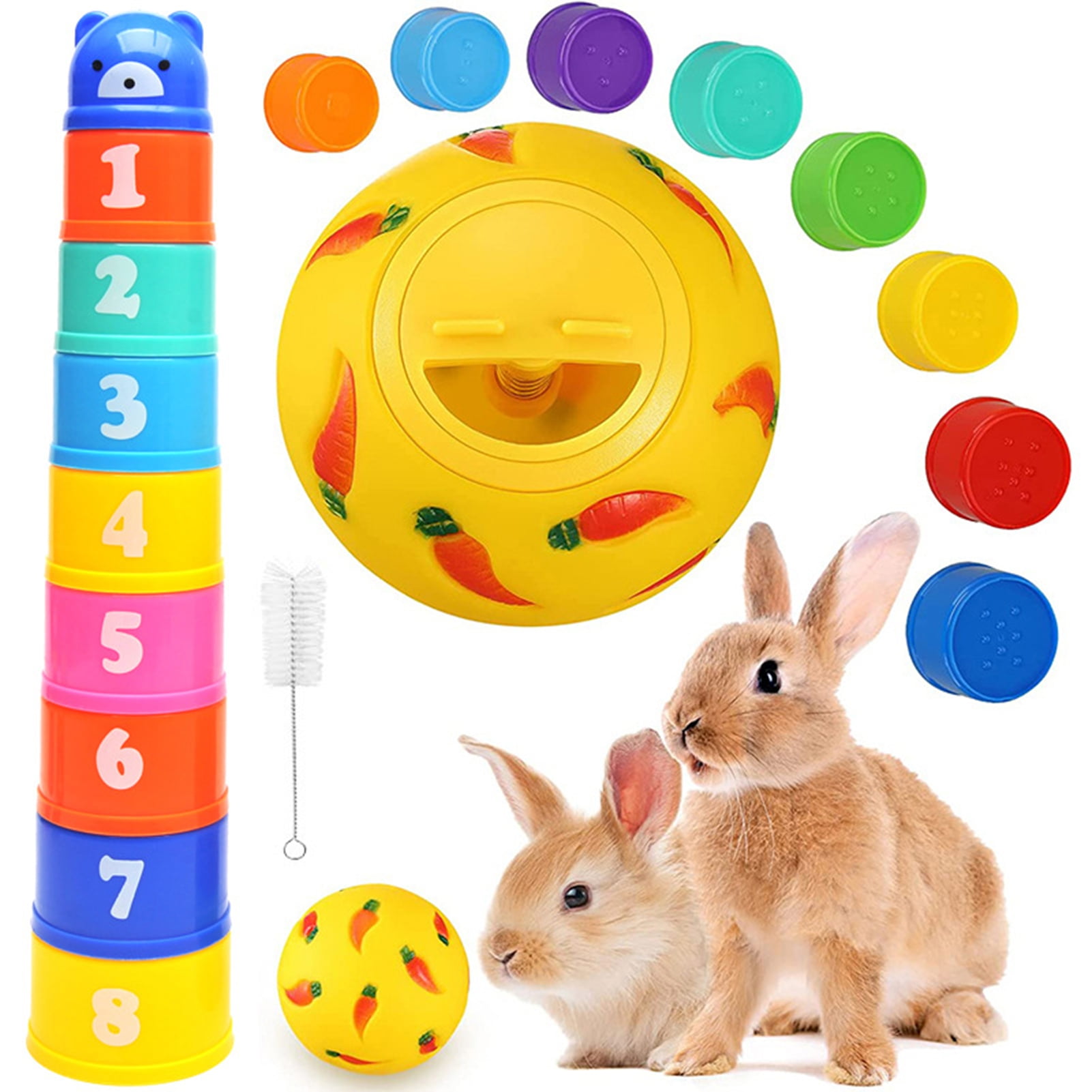 Walbest Rabbit Toy Interactive Stacking Cups Bunny Toy Small Rabbit Hiding Food Toy Hamster Foraging Ball for Small Pet