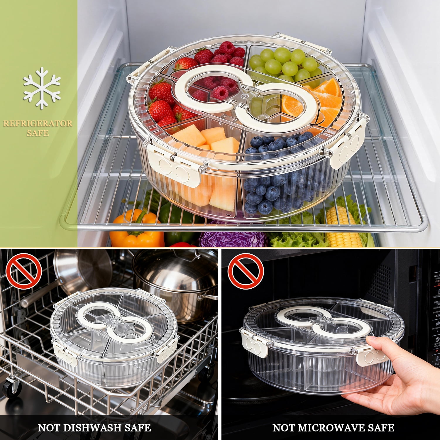 Snackle Box Container with Lid, Handle & 100 Forks, Stackable Divided Serving Tray for Fruits Candy Organizer, Portable Spinning Rounded Veggie Tray for Kitchen, Party, Travel & Picnic, 2 Pack