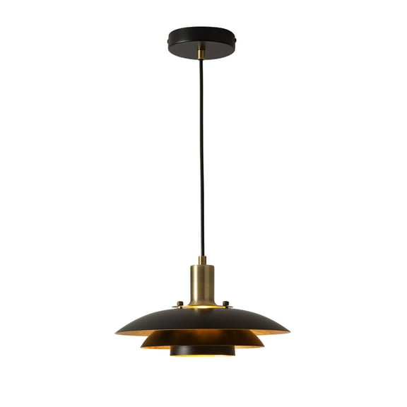 Rancho Mirage Large Pendant Light - Matte Black Gold-Leaf Shade Weathered Brass