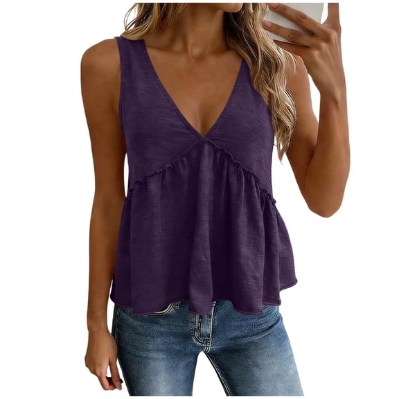 Women's Ruffle Hem Peplum Tank Tops With Tie Back Deep V Neck Solid Color Casual Summer Blouses For Daily Party And Vacation