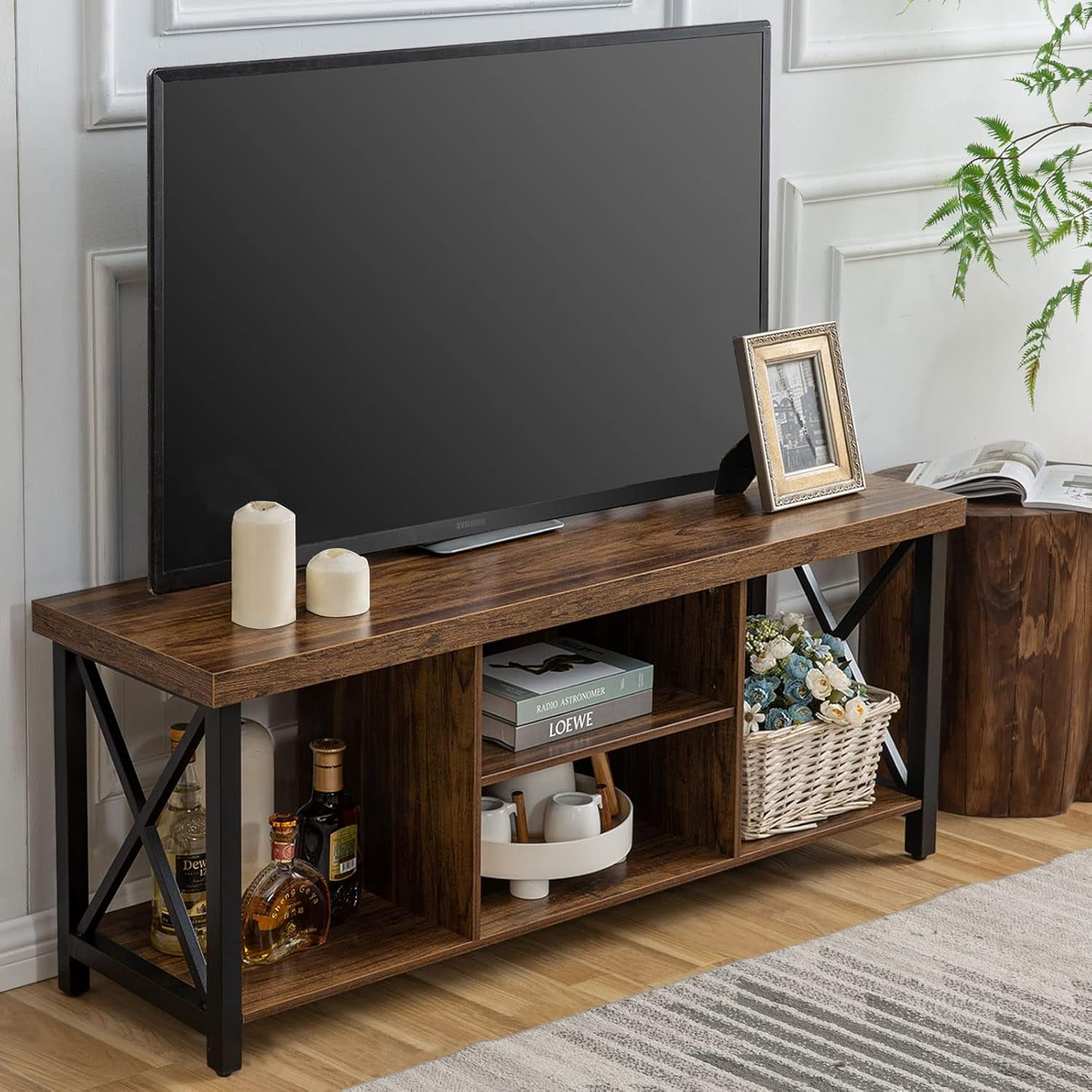 Reliancer Farmhouse TV Stand for TVs up to 55", with 4 Number of Shelves, Open Storage, Rustic Brown