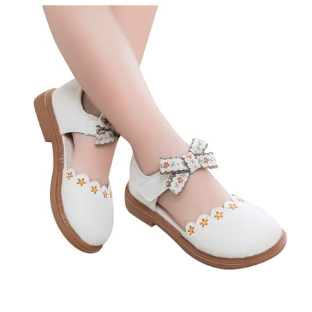 NOLDARES Girls Dress Shoes Mary Jane Wedding Flower Bridesmaids Flats Low Heels Glitter Princess Shoes for Kids Toddler(White 26)